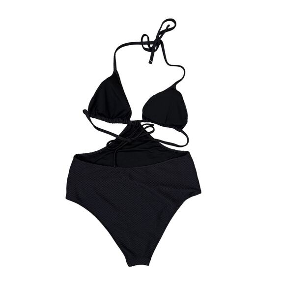 Aerie Swimsuit Womens Medium Ribbed Cut Out One Piece Black Cheeky Halter - Picture 2 of 5